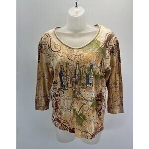 Cactus Bay Tattoo Print Womens S 3/4 Sleeve Top Merlot Wine Glasses Made USA